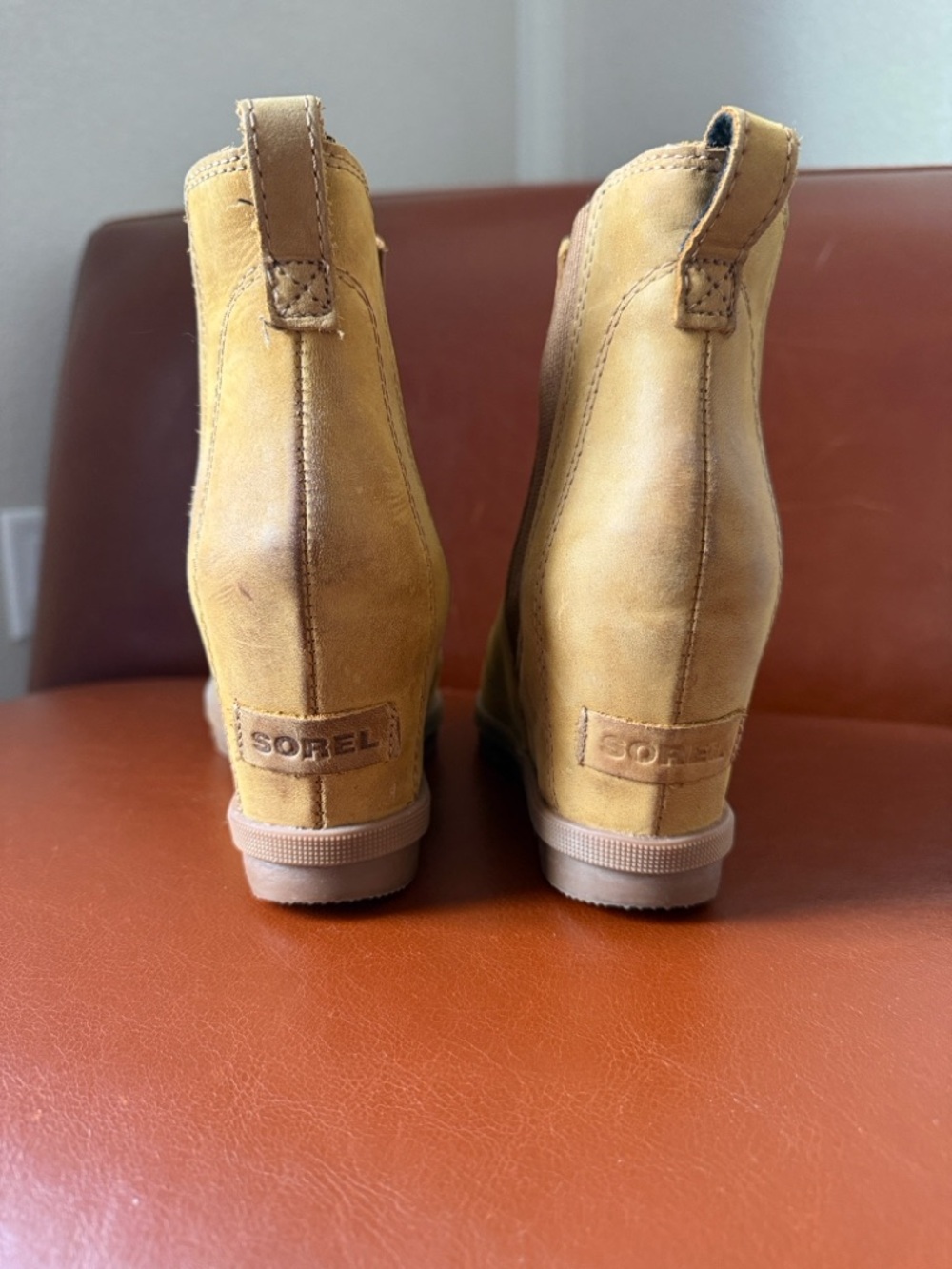 Sorel Honey Tan Leather Wedge Ankle Boots